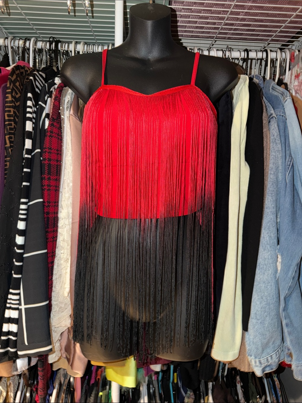 Red Fringe Spaghetti Strap Crop Top